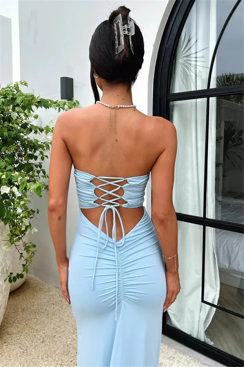 Strapless Backless Lace-up Maxi Dress For Women Summer New Off-shoulder Sleeveless Bodycon Club Party Long Dress