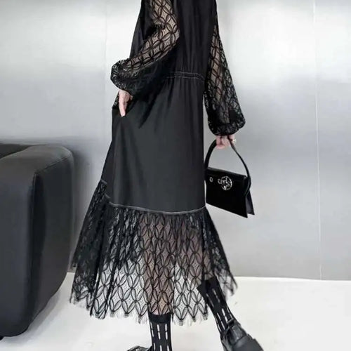 Load image into Gallery viewer, Women Black Denim Lace Perspective Big Size Shirt Dress New Lapel Long Sleeve Fashion Tide Spring Autumn 2025 1DH702001
