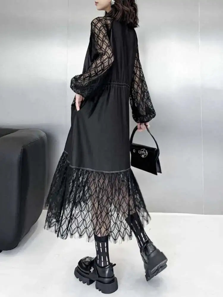 Women Black Denim Lace Perspective Big Size Shirt Dress New Lapel Long Sleeve Fashion Tide Spring Autumn 2025 1DH702001
