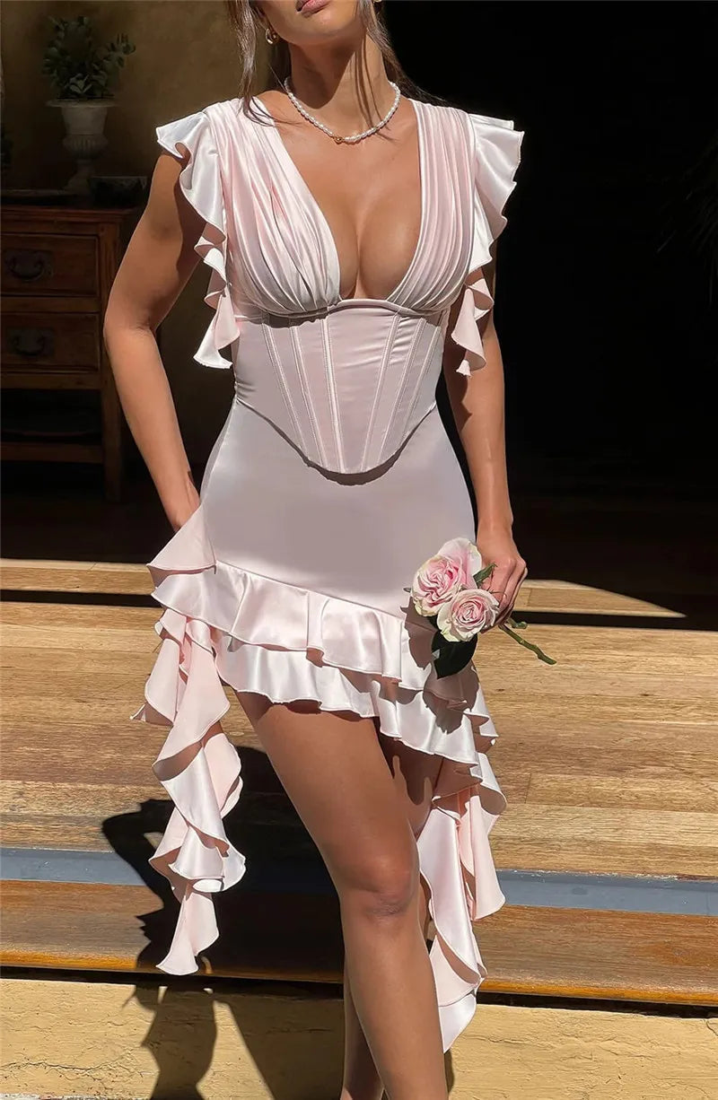 Deep V Neck Backless Draped Ruffle Mini Dress For Women Fashion Sleeveless Bodycon Club Party Sexy Dress Elegant