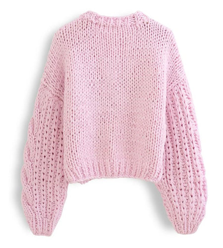 Handmade Chunky Knit Tops Women Fashion Cropped Knitted Cardigan Sweater Vintage Long Sleeve Female Outwear Chic C-159