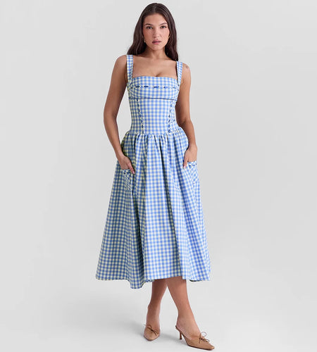 Summer Elegant and Beautiful Women Dresses 2024 Midi Blue and White Plaid Dress with Pocket Female Vacation Dress