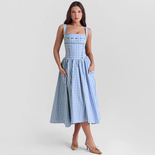 Load image into Gallery viewer, Summer Elegant and Beautiful Women Dresses 2024 Midi Blue and White Plaid Dress with Pocket Female Vacation Dress

