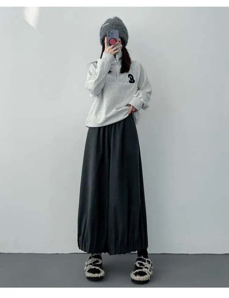 Women Black High Waist Pleated Woolen Ankle-length Pant Grey Versatile Wide Leg Trousers 2024 Autumn Winter Streetwear Simple