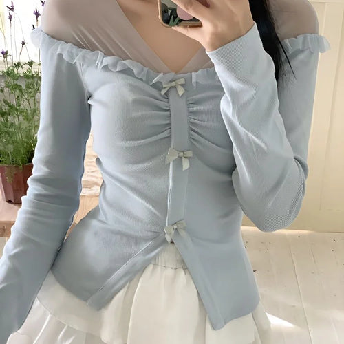 Load image into Gallery viewer, Elegant Bow Gauze Patchwork T-shirts Korean Fashion Aesthetic Sexy Tops Women All Match Solid   Sweet Long Sleeve Tees
