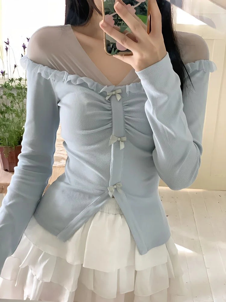 Elegant Bow Gauze Patchwork T-shirts Korean Fashion Aesthetic Sexy Tops Women All Match Solid   Sweet Long Sleeve Tees