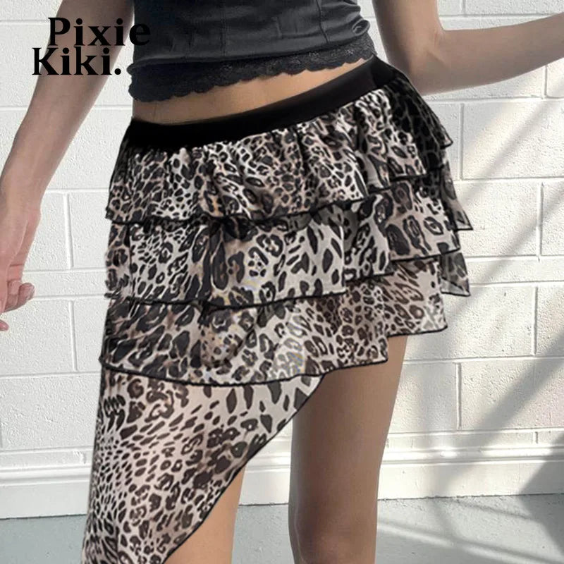 Leopard Print Mesh Irregular Skirt High Waist Ruffled Mini Skirt Women Y2k Fashion Clothes P84-CC20