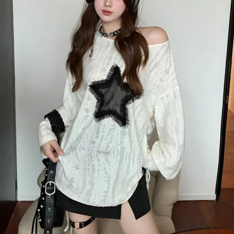 y2k Gothic Tops 2000s Women Clothes Drawstring Star Patch Ripped Long Sleeves T Shirts Grunge Clothing Streetwear