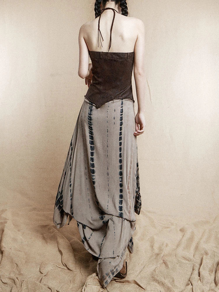 Women Brown Irregular Spliced Tie Dye Vintage Long Strapless Dress New Sleeveless Fashion Tide Spring Autumn 2025 1DH9375