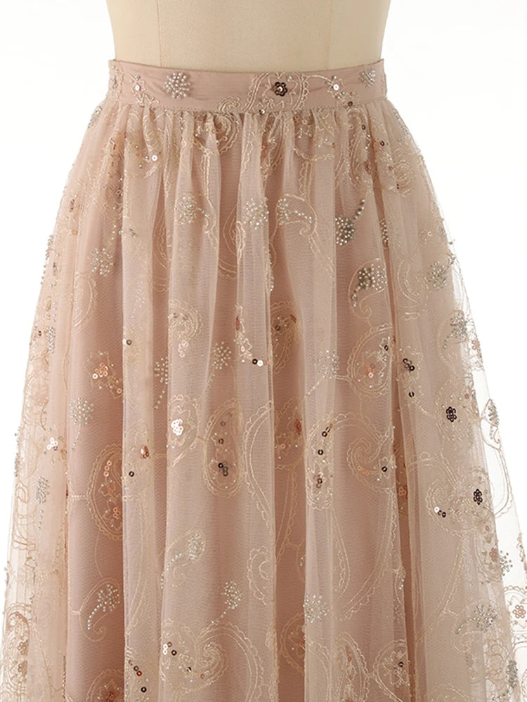 Embroidery Eelgant Skirts For Women High Waist A Line Knee Length Spliced Sequins Summer Skirt Female Fashion