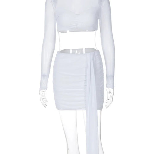 Load image into Gallery viewer, Sexy Skirt Two Piece Sets Women O Neck Long Sleeve T-shirt And Mini Draped Skirt Matching Sets Ladies Skinny Club Sets
