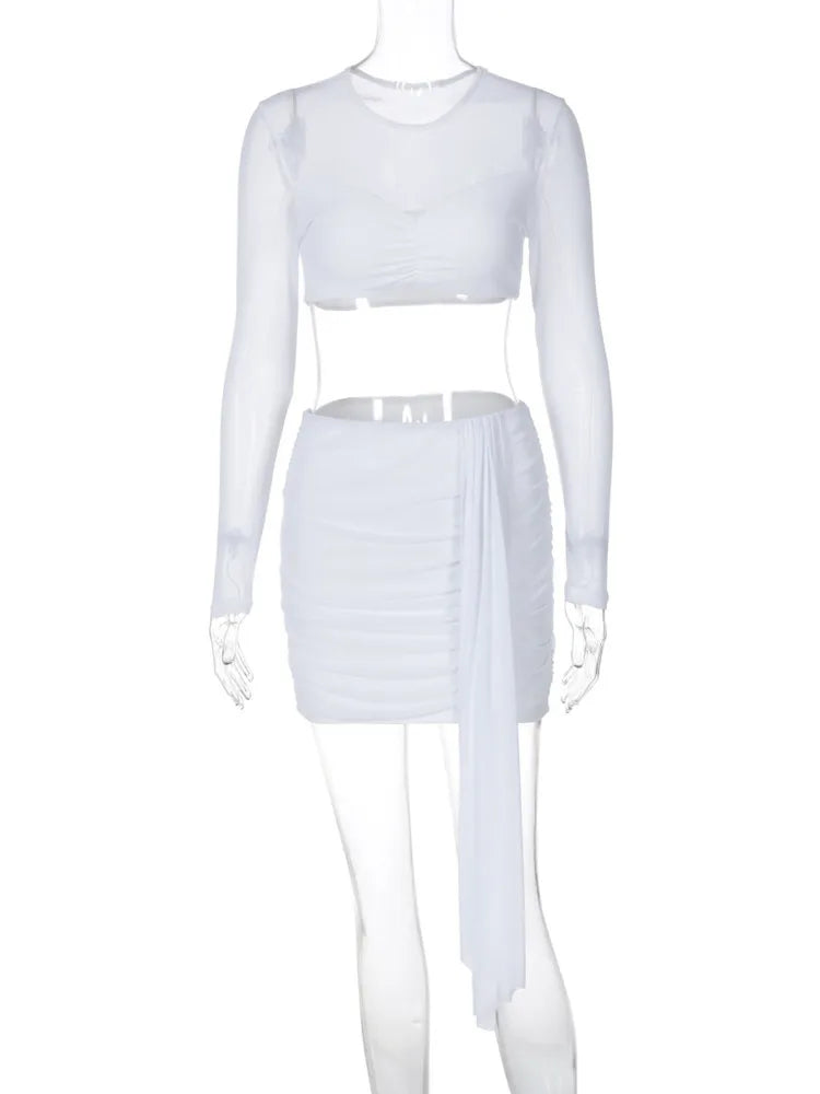 Sexy Skirt Two Piece Sets Women O Neck Long Sleeve T-shirt And Mini Draped Skirt Matching Sets Ladies Skinny Club Sets