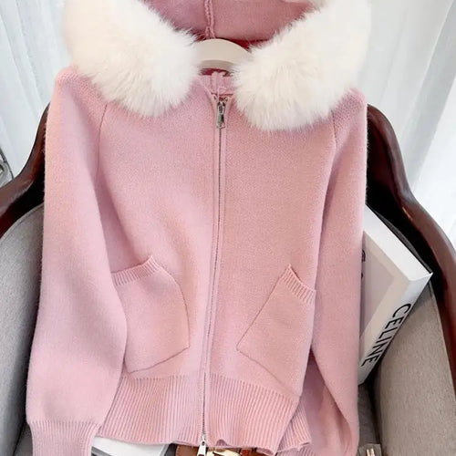 Load image into Gallery viewer, French Fashion Women Solid Long Sleeve Knitted Sweater 2024 New Autumn Winter Ladies Hairy Neck Hooded Zipper Cardigan Tops Chic
