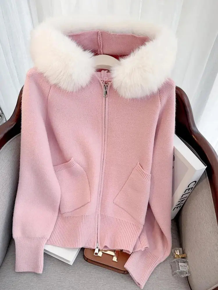 French Fashion Women Solid Long Sleeve Knitted Sweater 2024 New Autumn Winter Ladies Hairy Neck Hooded Zipper Cardigan Tops Chic