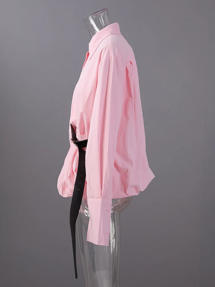 Women Pink Color Belted Irregular Big Size Bud Blouse New Lapel Long Sleeve Shirt Fashion Tide Spring Autumn 2025 7AB6480