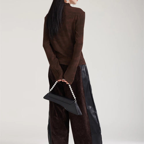 Load image into Gallery viewer, High Elastic Waist Coffee Pu Leather Spliced Wide Leg Pants New Trousers Women Fashion Tide Spring Autumn 2025 1DH8028
