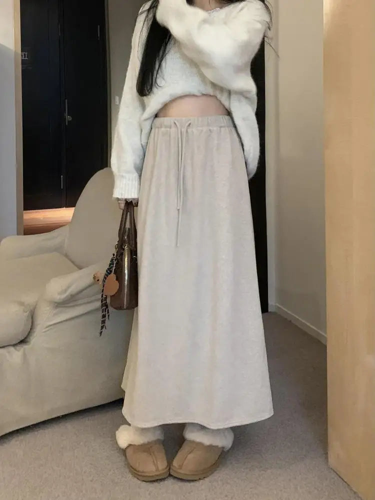 Autumn Winter New Solid Velvet High Waist Long Skirt Women Korean Fashion Elegant Vacation Drawstring Lace-up A-line Thick Skirt