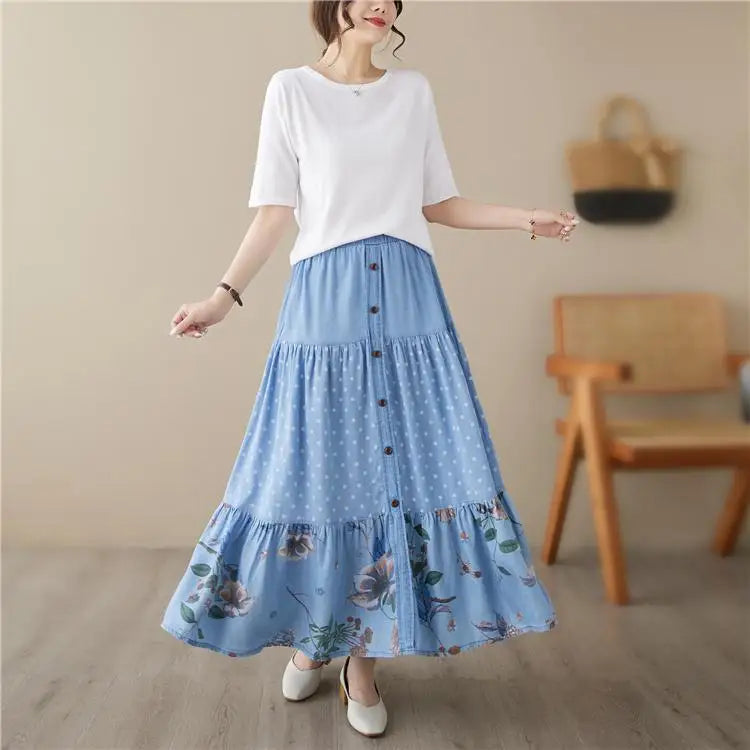 Casual Vintage Denim Skirt Floral Print A-line Pleated Long Skirts Summer Women Elegant Holiday Clothes Elastic Waist Midi Skirt