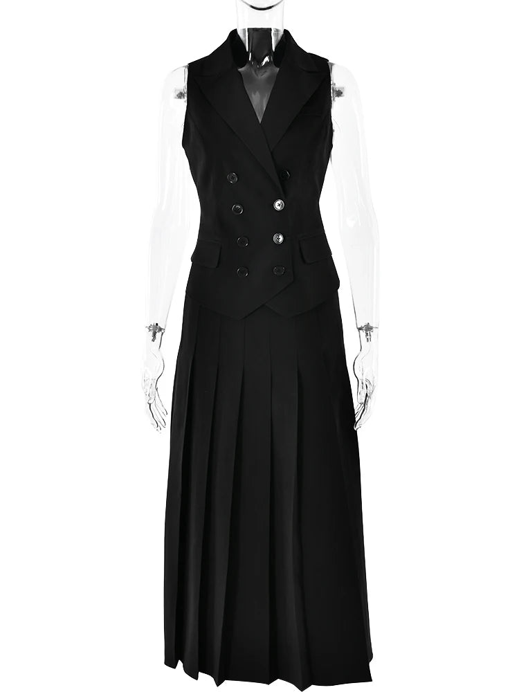 Fashion Slim Button Vest Long Skirt Women Two-piece Set Tight Vest Pleated Skirt Set Elegant Streetwear 2024 Autumn Set