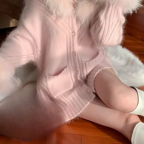 Load image into Gallery viewer, Women Fur Patchwork Hooded Grunge Cardigan Streetwear Vintage Single Breasted Solid Jackets Y2k Aesthetic Casual Loose Sweaters
