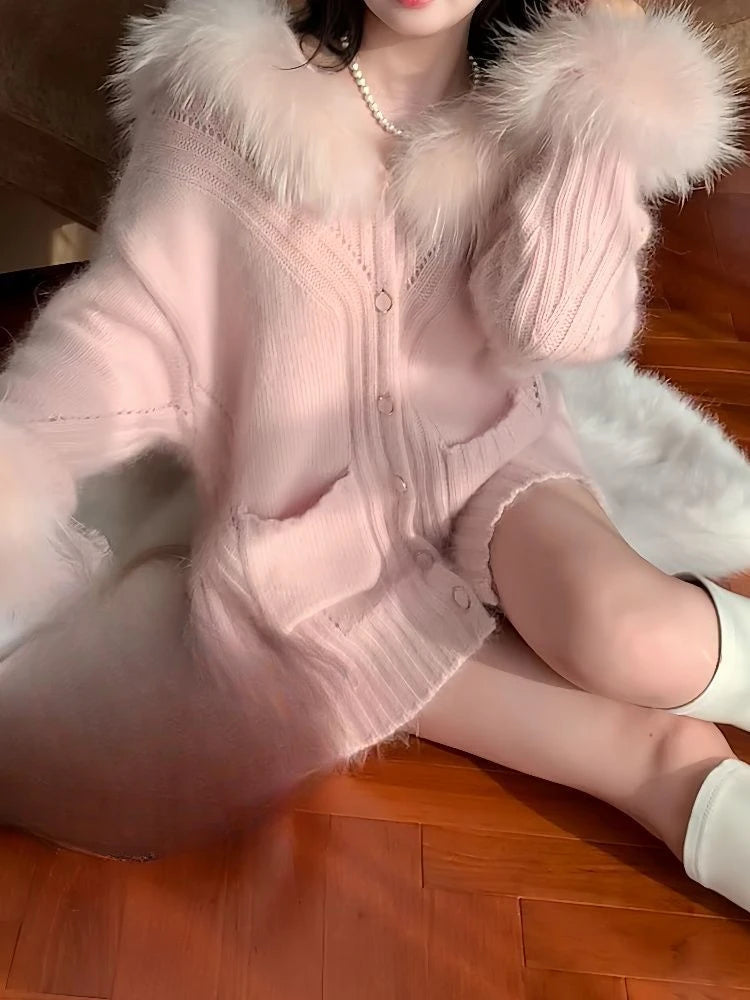 Women Fur Patchwork Hooded Grunge Cardigan Streetwear Vintage Single Breasted Solid Jackets Y2k Aesthetic Casual Loose Sweaters