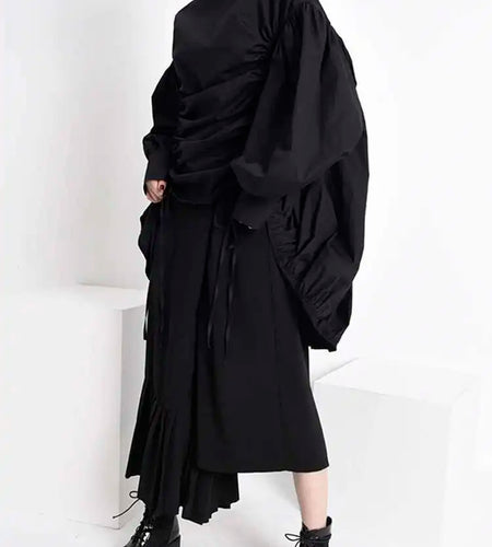 Women Drawstring Big Size Blouse New Stand Collar Long Sleeve Loose Fit Shirt Fashion Tide Spring Autumn 2025 1Z18901