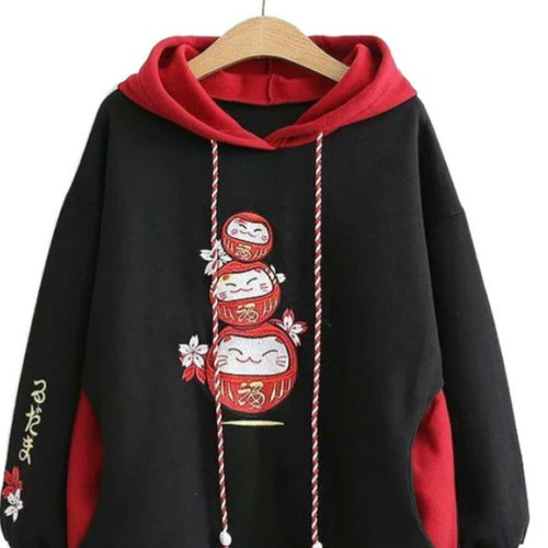 Load image into Gallery viewer, Black Fleece Hooded Sweatshirt Harajuku Chinese Embroidery Oversize Pullover Hoodies Women Winter Sweet Style Female Top
