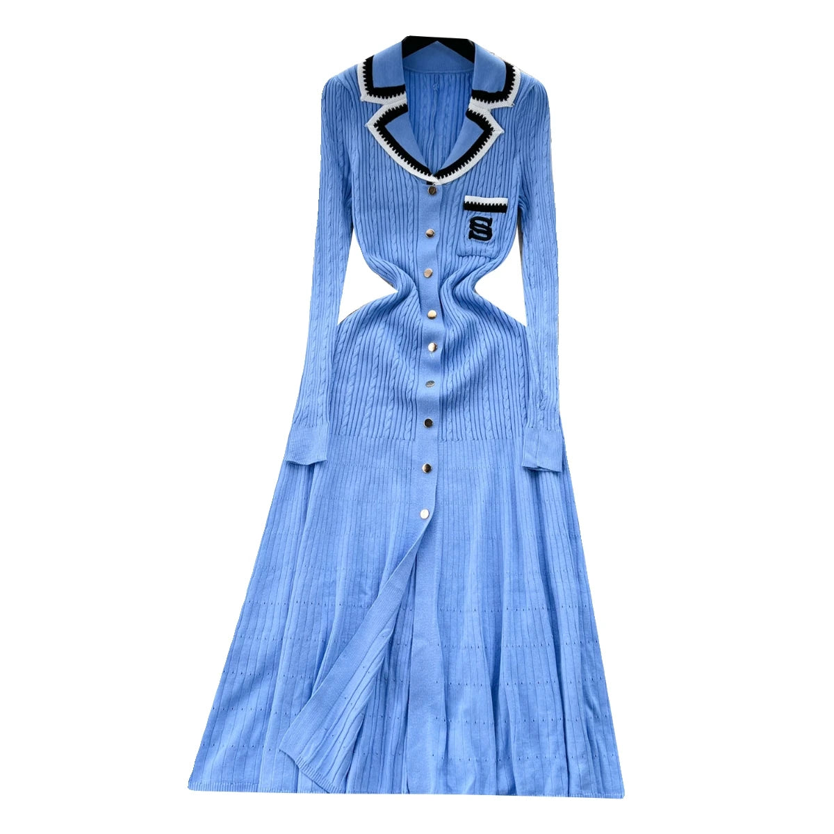 Korean Women's Patchwork Elegant Embroidery Slim Long Sleeved Festival Dress Spring Single Breasted Office Lady Knitted Dresses