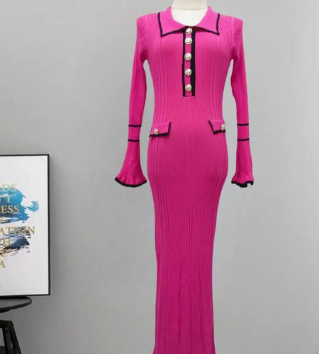 Autumn Winter Patchwork Single-breasted Casual Pullover Sweater Dress Elegant Office Women's Temperament Long Sleeve Knit Dress