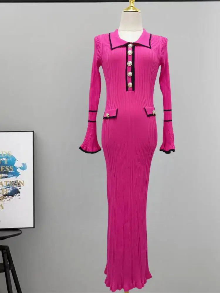 Autumn Winter Patchwork Single-breasted Casual Pullover Sweater Dress Elegant Office Women's Temperament Long Sleeve Knit Dress