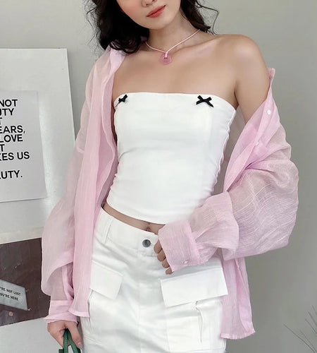 y2k Tube Top Women Fairycore Clothing Solid Color Off Shoulder Strapless Sleeveless Bandeau Vest with Bow Streetwear