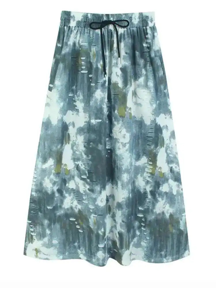 High Elastic Waist Blue Back Denim Tie Dye A-line Design Half-body Skirt Women Fashion Tide New Spring Autumn 2025 1DH9320