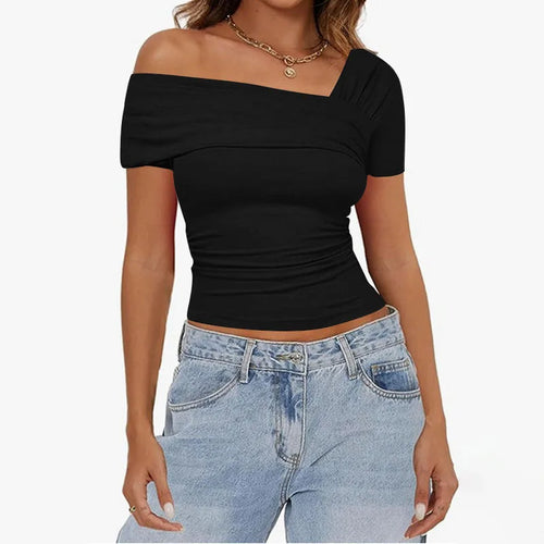 Load image into Gallery viewer, Asymmetrical Fitness Solid Summer T-shirts Women Basic Fashion Folds Sexy Design Crop Top Casual Short Sleeve Tee New
