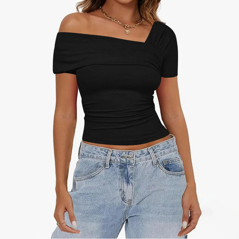 Asymmetrical Fitness Solid Summer T-shirts Women Basic Fashion Folds Sexy Design Crop Top Casual Short Sleeve Tee New