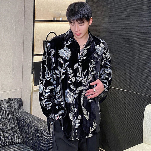 Load image into Gallery viewer, Personality Velvet Male Shirts Lace-up Sequin Embroidery Turn-down Collar Contrast Color Men&#39;s Long Sleeve Tops Tide 9C4984
