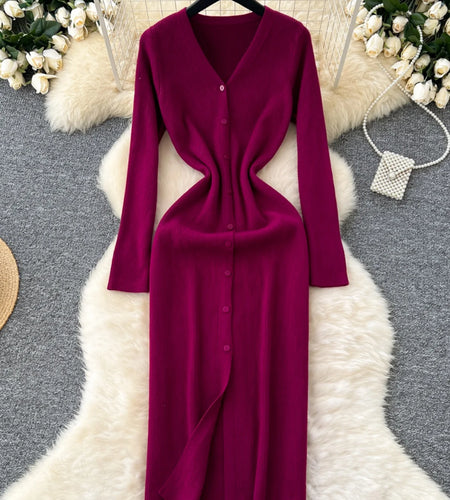 Korean Women Solid V-neck Single Breasted Festival Dresses Autumn Winter Slim Long Sleeve Office Knitted Dress Ladies Simplicity
