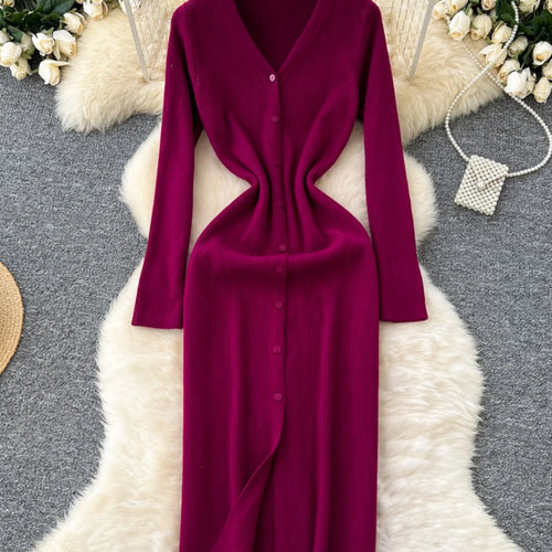 Load image into Gallery viewer, Korean Women Solid V-neck Single Breasted Festival Dresses Autumn Winter Slim Long Sleeve Office Knitted Dress Ladies Simplicity
