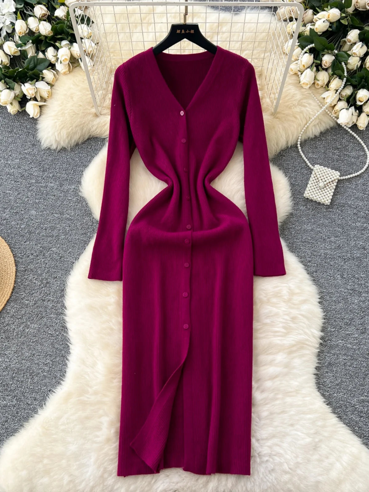 Korean Women Solid V-neck Single Breasted Festival Dresses Autumn Winter Slim Long Sleeve Office Knitted Dress Ladies Simplicity