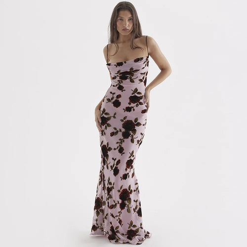 Load image into Gallery viewer, Purple Print Sexy Long Fishtail Dress For Women Robe 2023 New Spaghetti Strap Sleeveless Backless Ruched Maxi Dress
