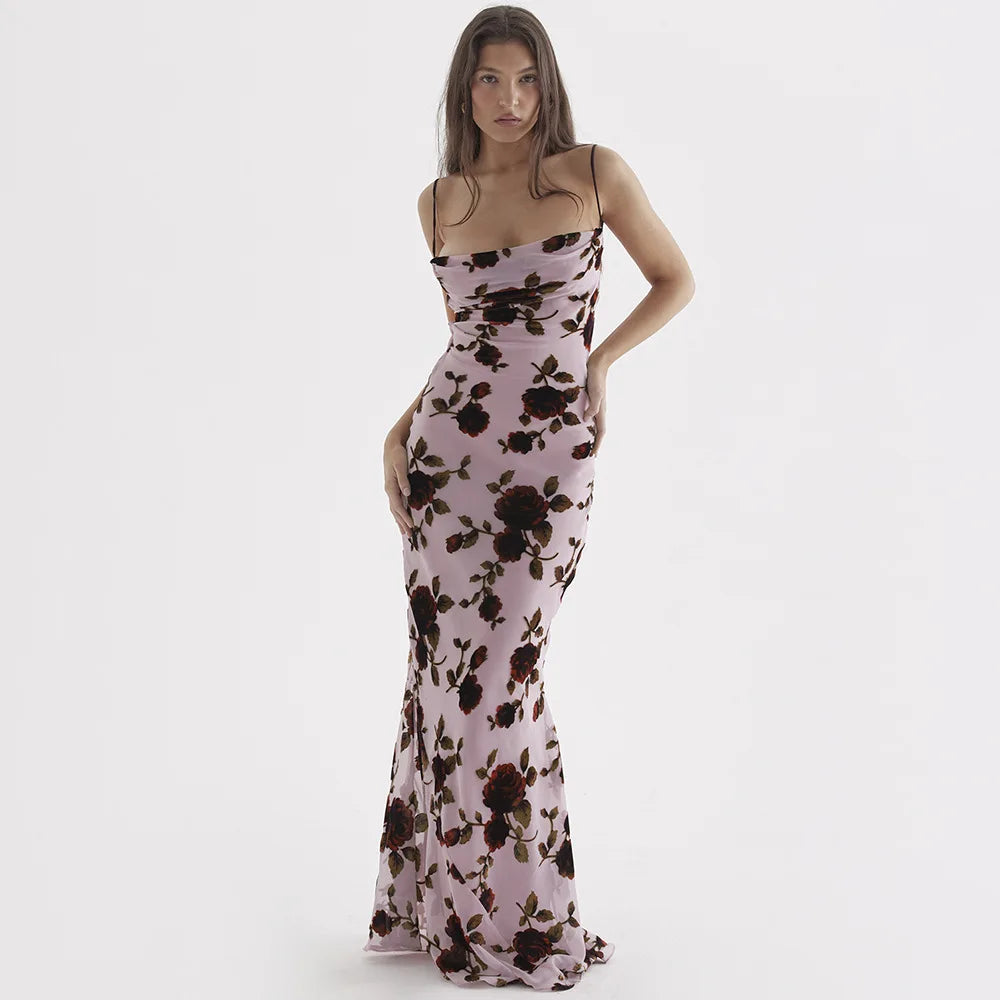 Purple Print Sexy Long Fishtail Dress For Women Robe 2023 New Spaghetti Strap Sleeveless Backless Ruched Maxi Dress