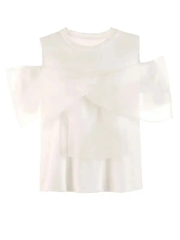 Women pink Color Mesh Bow Off Shoulder Elegant T-shirt New Round Neck Short Sleeve Fashion Tide Spring Summer 2025 1DF8193