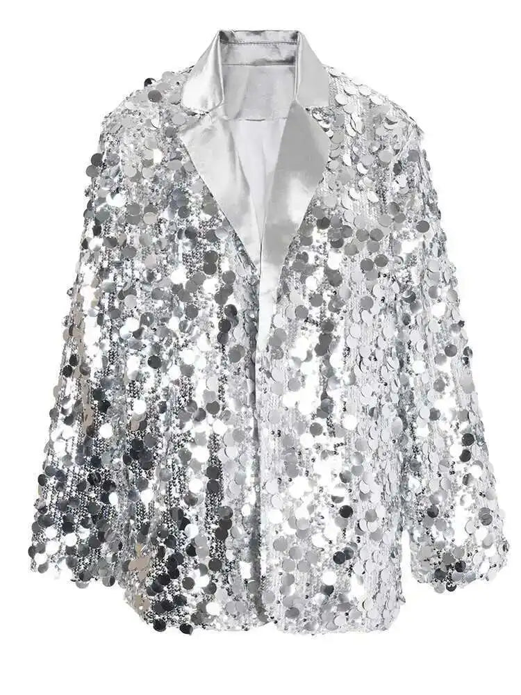 Black Sequins Shining Big Size Casual Jacket New Lapel Long Sleeve Women Coat Fashion Tide Spring Autumn 2025 CPG1020