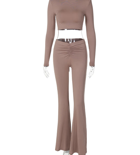 Fashion 2 Pcs Sets Solid Shoulder Pads Long Sleeve Crop T-Shirt Ruched Flare Pants Fall Women Outfits Streetwear Sport
