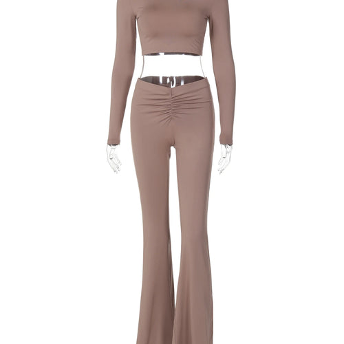Load image into Gallery viewer, Fashion 2 Pcs Sets Solid Shoulder Pads Long Sleeve Crop T-Shirt Ruched Flare Pants Fall Women Outfits Streetwear Sport
