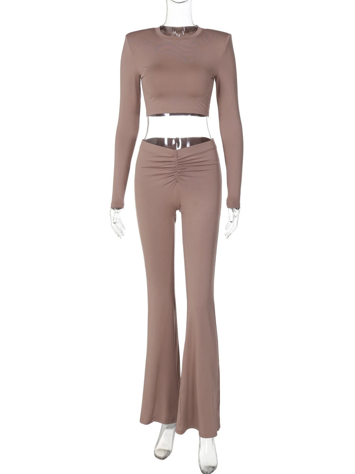 Fashion 2 Pcs Sets Solid Shoulder Pads Long Sleeve Crop T-Shirt Ruched Flare Pants Fall Women Outfits Streetwear Sport