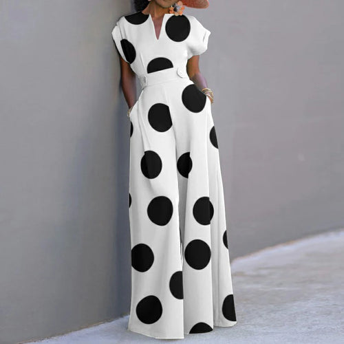 Load image into Gallery viewer, Summer Autumn Women&#39;s Retro Polka-dot Romper Short Sleeves One Pieces Wide Leg Long Pants Elegant Jumpsuits for Women
