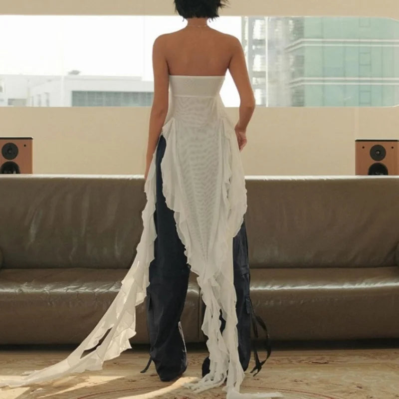 Strapless Tube Top y2k Clothes Women Solid Color 3D Flower Off Shoulder Sleeveless Irregular Ruffle Bandeau Streetwear