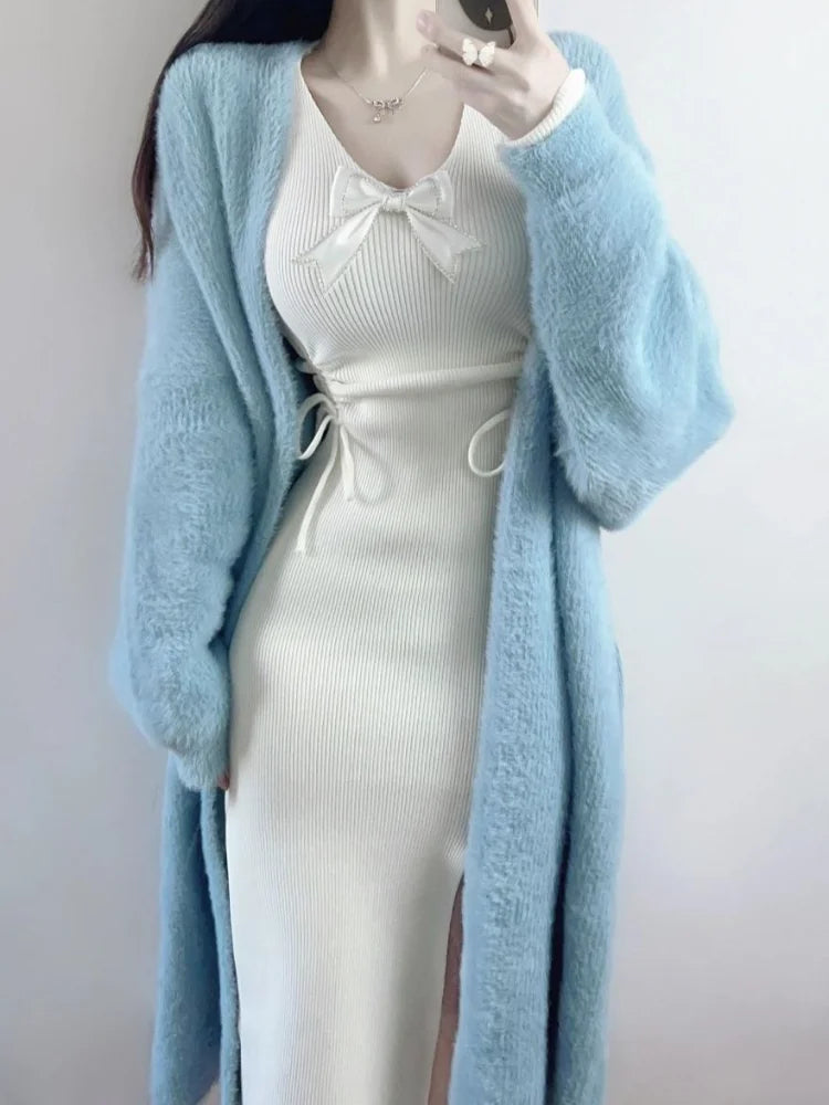 Autumn Winter Knitted Knit Midi Dress Bodycon Slim Bandage Korean Fashion Kpop Elegant Dresses Women