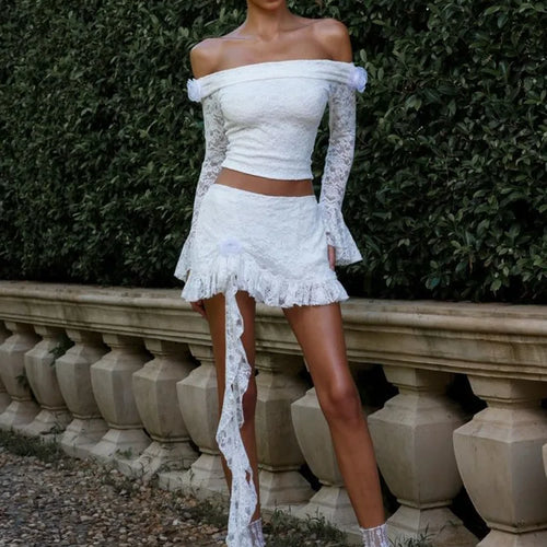 Load image into Gallery viewer, Sexy One Shoulder Long Sleeved Lace Patchwork Tight Women Suit Slim Top Short Skirt Two-piece Set Female Party Club Set
