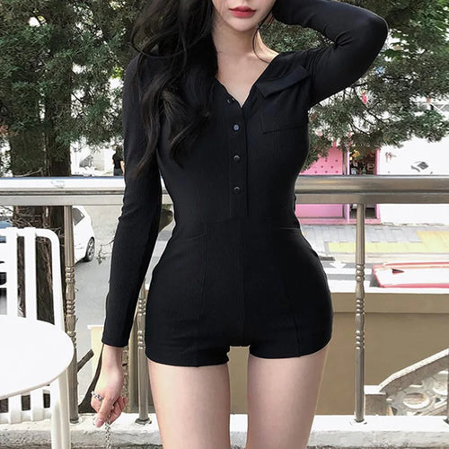 Load image into Gallery viewer, V Neck Black Buttons Bodycon Summer Playsuit Women Casual Long Sleeve Autumn Bodysuit Korean Rompers Sporty Clothing
